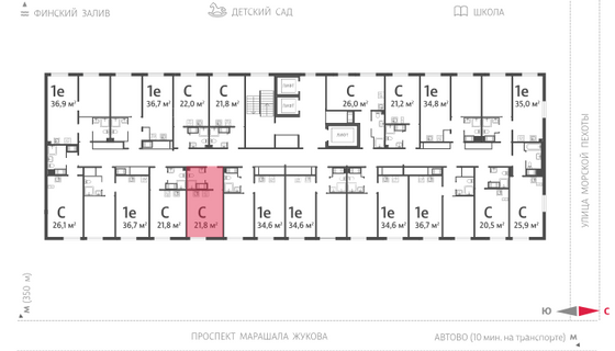 21,8 м², студия, 19/23 этаж