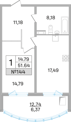51,6 м², 1-комн. квартира, 18 этаж