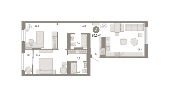 80,5 м², 2-комн. квартира, 9/9 этаж