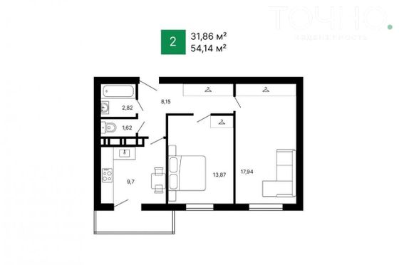 Продажа 2-комнатной квартиры 54,1 м², 17/18 этаж
