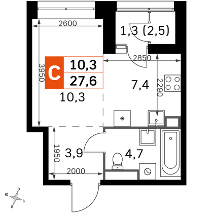 27,6 м², студия, 8/30 этаж