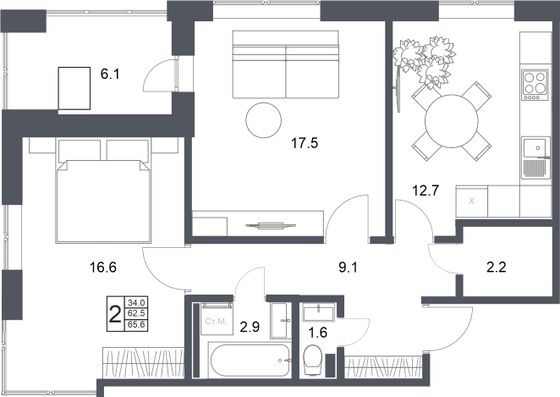 65,6 м², 2-комн. квартира, 18/20 этаж