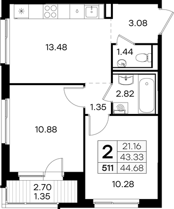 44,7 м², 2-комн. квартира, 2/9 этаж