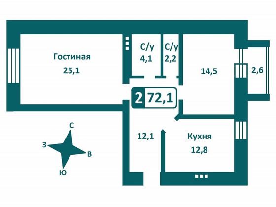 Продажа 2-комнатной квартиры 72,1 м², 4/4 этаж