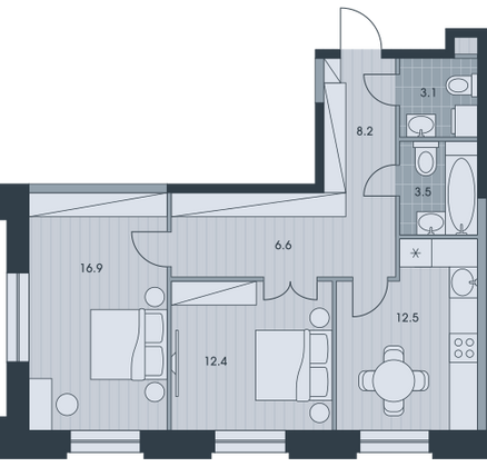 63,3 м², 2-комн. квартира, 24/34 этаж