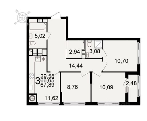 Продажа 3-комнатной квартиры 68 м², 3/25 этаж