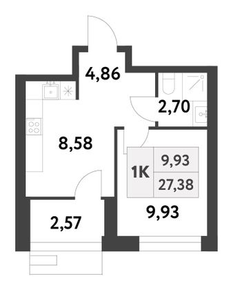 27,4 м², 1-комн. квартира, 13/16 этаж