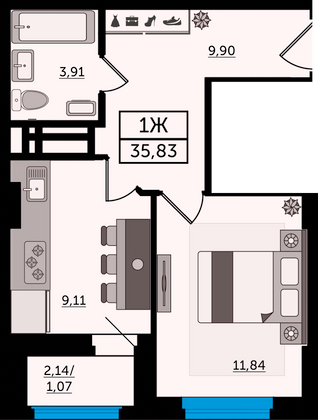 35,8 м², 1-комн. квартира, 5/25 этаж