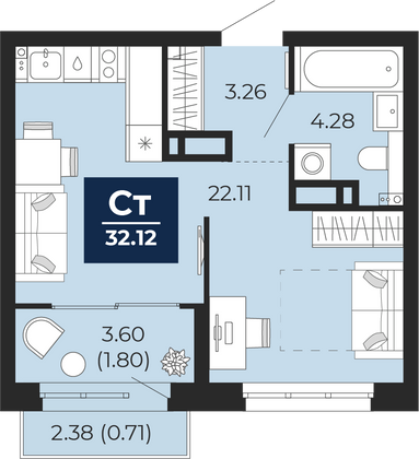 32,1 м², 1-комн. квартира, 8/23 этаж