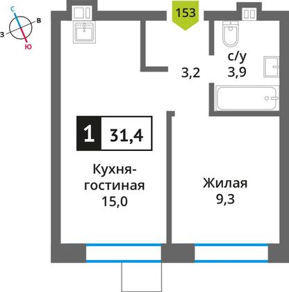 Продажа 1-комнатной квартиры 31,4 м², 6/9 этаж