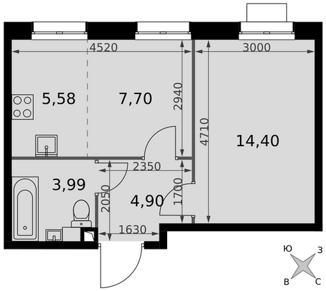 36,6 м², 2-комн. квартира, 1/15 этаж