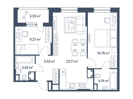 61,2 м², 2-комн. квартира, 2/25 этаж