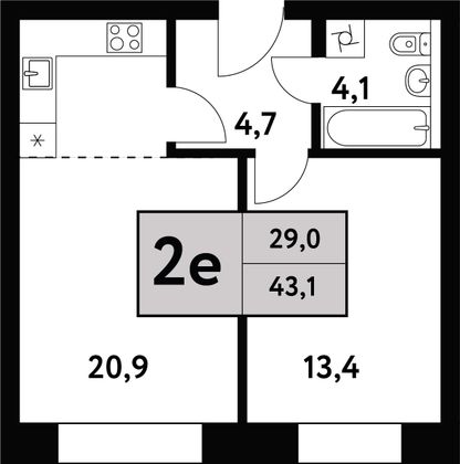 43,1 м², 2-комн. квартира, 16/35 этаж