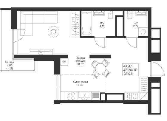 44,5 м², 1-комн. квартира, 8/25 этаж