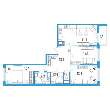 Продажа 3-комнатной квартиры 90,4 м², 6/18 этаж