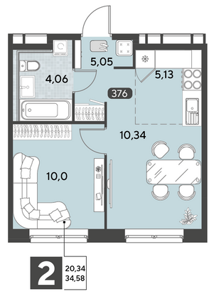 Продажа 2-комнатной квартиры 34,6 м², 24/25 этаж