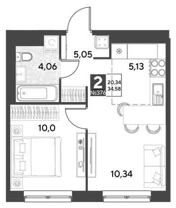 Продажа 2-комнатной квартиры 34,6 м², 24/25 этаж
