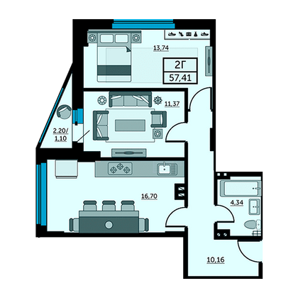 57,7 м², 2-комн. квартира, 2/27 этаж