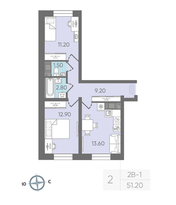 Продажа 2-комнатной квартиры 51,2 м², 9/16 этаж