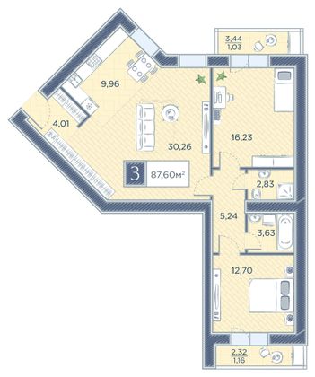 Продажа 3-комнатной квартиры 87,6 м², 3/8 этаж