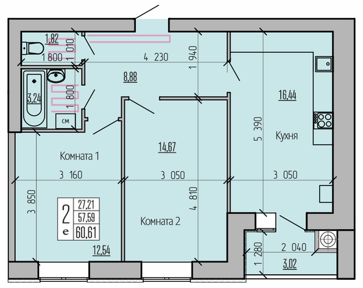 Продажа 2-комнатной квартиры 60,6 м², 9/10 этаж
