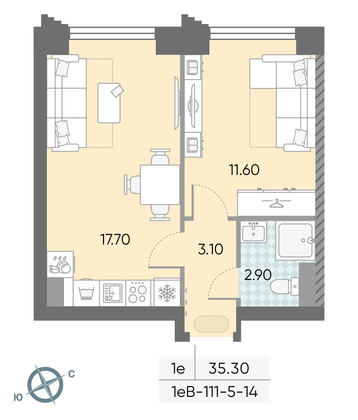 Продажа 1-комнатной квартиры 35,3 м², 13/58 этаж