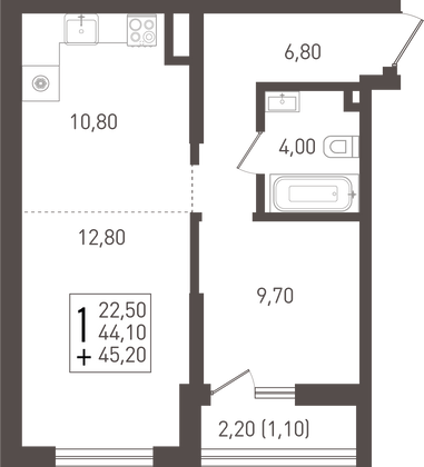 45,2 м², 1-комн. квартира, 1/8 этаж