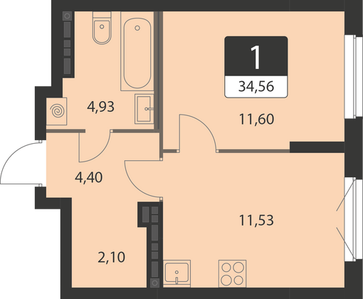 34,6 м², 1-комн. квартира, 12 этаж