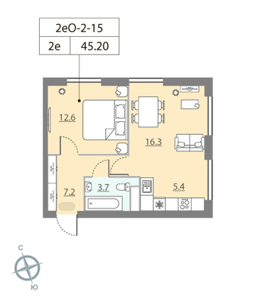 45,1 м², 1-комн. квартира, 15/15 этаж