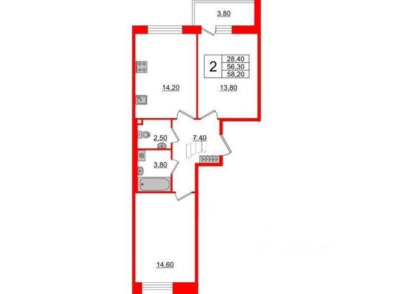 Продажа 2-комнатной квартиры 58,2 м², 2/10 этаж