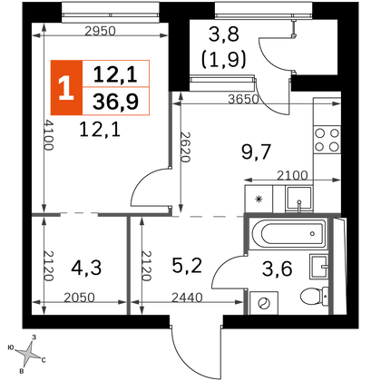 37 м², 1-комн. квартира, 8/44 этаж