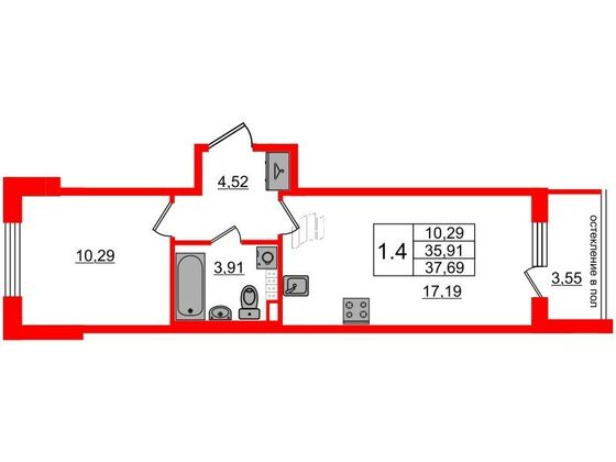 Продажа 1-комнатной квартиры 35,9 м², 3/4 этаж