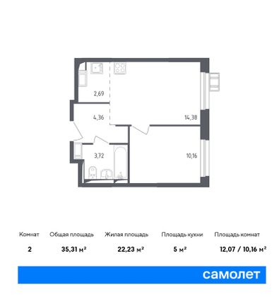 Продажа 2-комнатной квартиры 35,3 м², 9/17 этаж