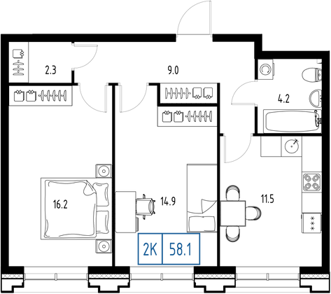 58,1 м², 2-комн. квартира, 9/9 этаж