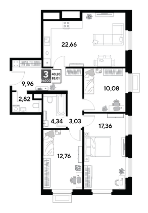 Продажа 3-комнатной квартиры 83 м², 2/25 этаж