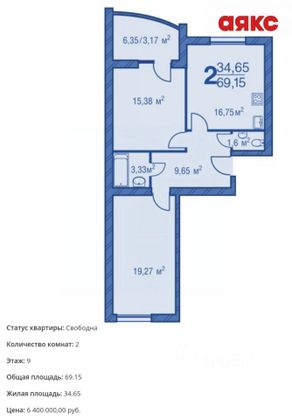 Продажа 2-комнатной квартиры 69,2 м², 9/9 этаж
