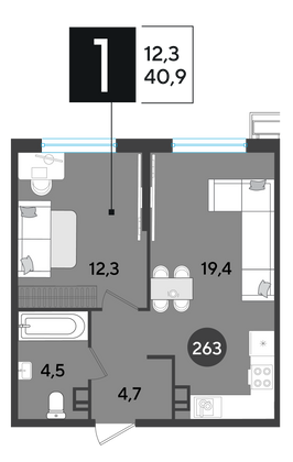 Продажа 1-комнатной квартиры 40,9 м², 5/9 этаж