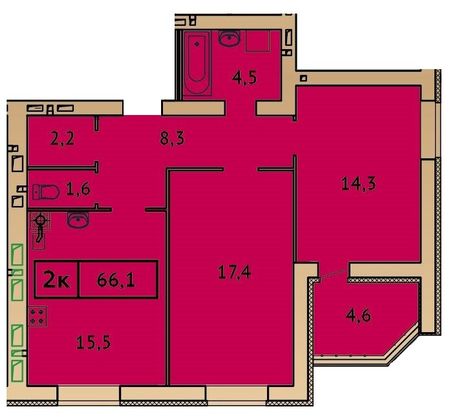 Продажа 2-комнатной квартиры 66,1 м², 1/9 этаж