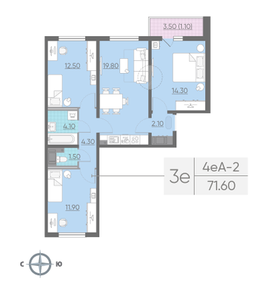 Продажа 3-комнатной квартиры 71,6 м², 9/26 этаж