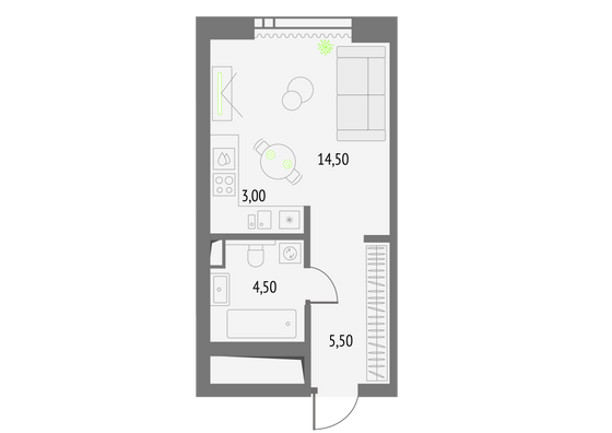 27,5 м², студия, 33/55 этаж