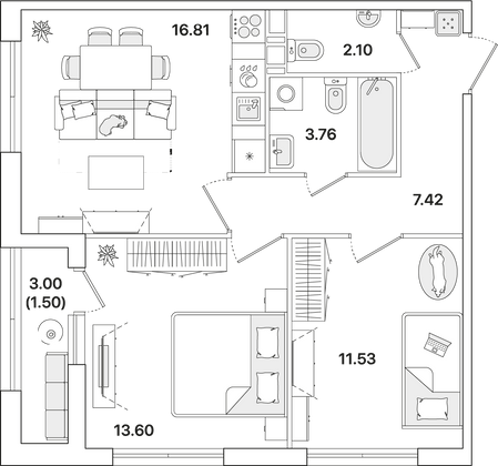 56,7 м², 2-комн. квартира, 5/12 этаж