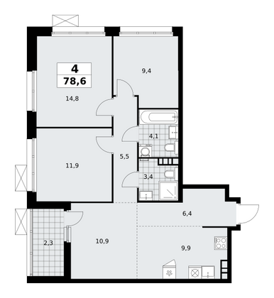 78,6 м², 4-комн. квартира, 4/18 этаж