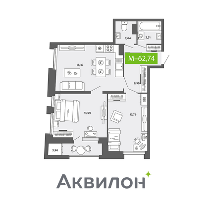 62,7 м², 2-комн. квартира, 13/16 этаж