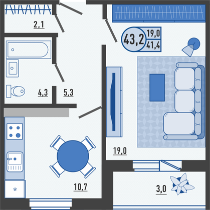 43,7 м², 1-комн. квартира, 3/16 этаж