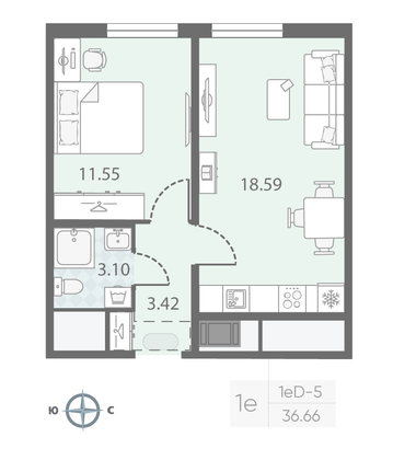 Продажа 1-комнатной квартиры 36,7 м², 20/23 этаж