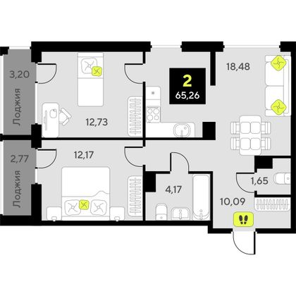 65,3 м², 2-комн. квартира, 2/10 этаж