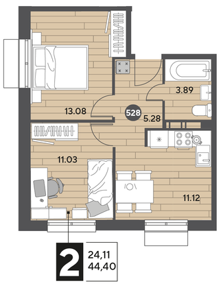 Продажа 2-комнатной квартиры 44,4 м², 12/15 этаж