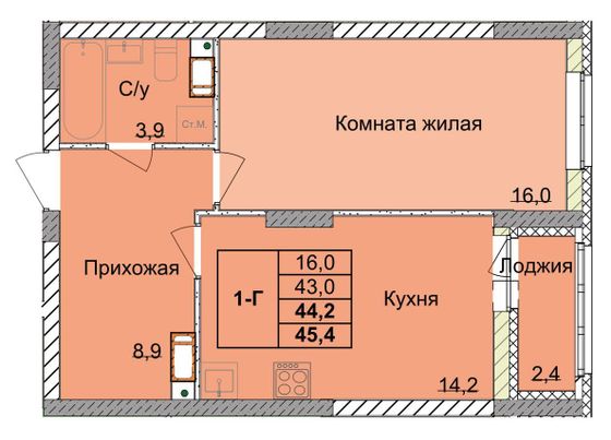 Продажа 1-комнатной квартиры 44,2 м², 3/18 этаж