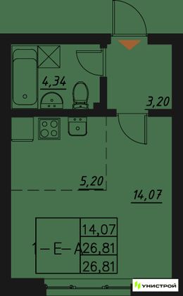 26,8 м², 1-комн. квартира, 10/20 этаж