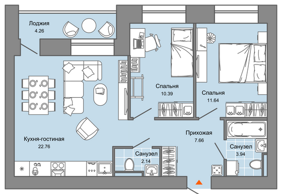 61 м², 3-комн. квартира, 2/8 этаж